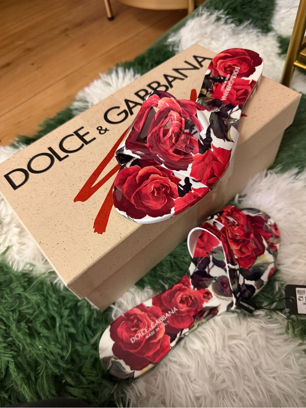 Dolce & Gabbana Floral Rose Print Slide Sandals in Red and White 38